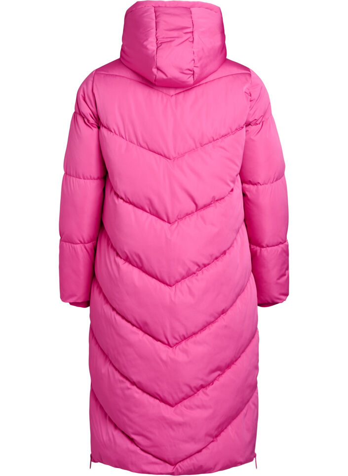 L&aring;ng pufferjacka med huva och fickor, Rosa, Packshot image number 1