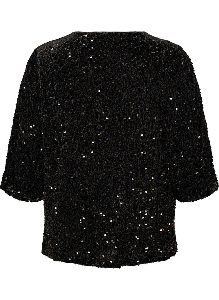 Cardigan med paljetter och 3/4-&auml;rmar, Svart, Packshot image number 1