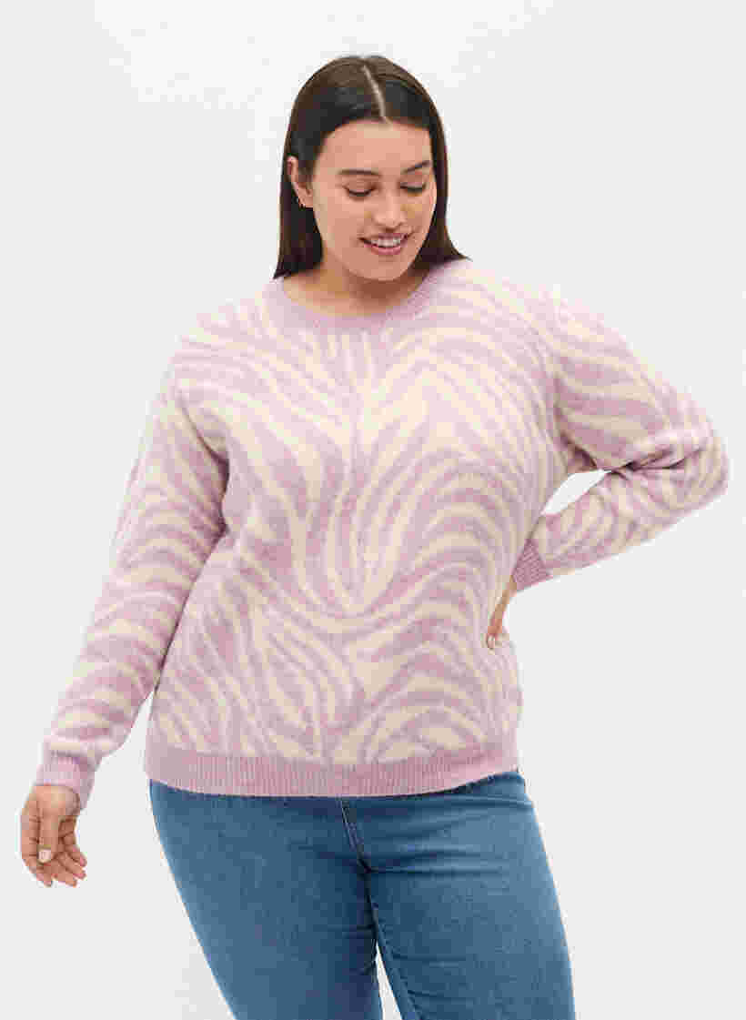 Stickad tröja med mönster, Lavender  Mel Comb., Model image number 0