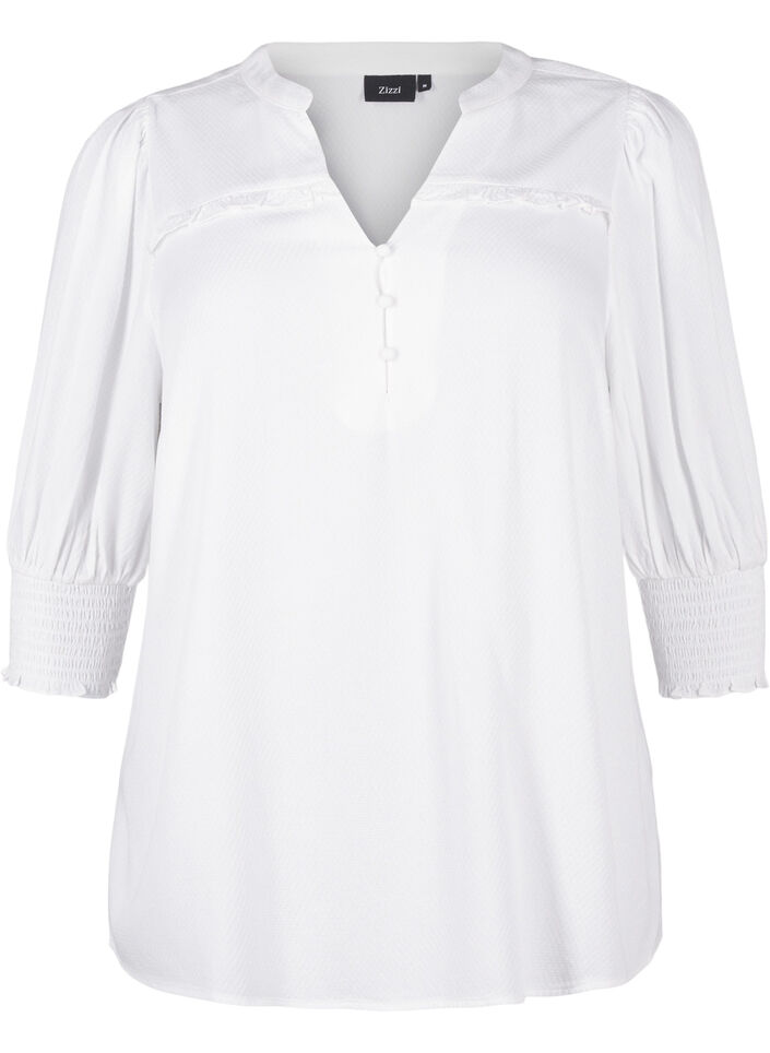 Blus i viskos med smock- och volangdetaljer, Bright White, Packshot image number 0