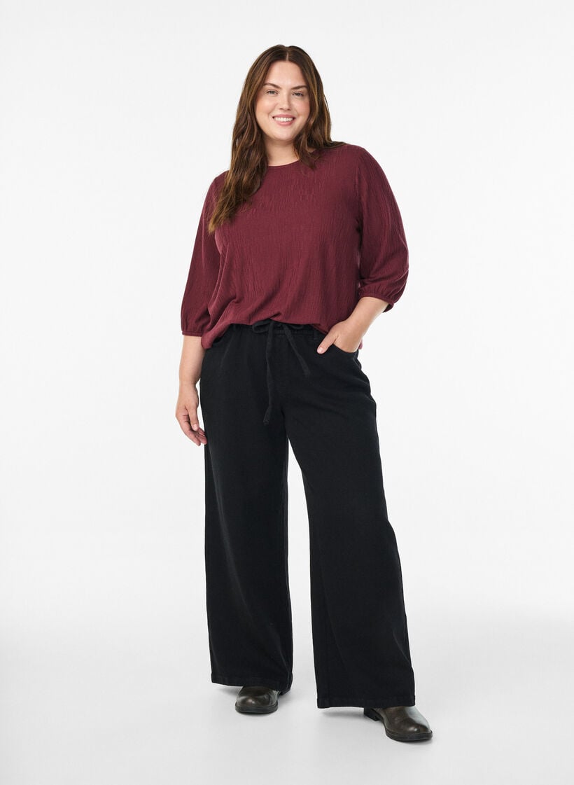 Blus med struktur och 3/4-ärmar, Röd, Model image number 1