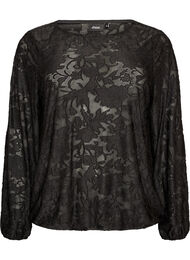 Skir blus med blommig textur och l&aring;nga &auml;rmar, Svart
