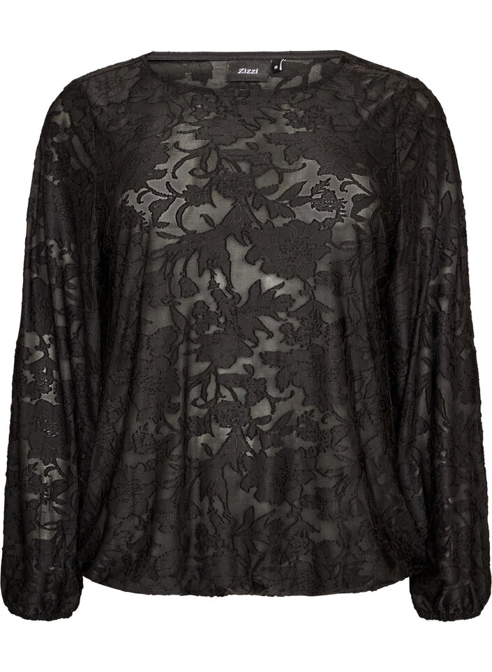 Skir blus med blommig textur och l&aring;nga &auml;rmar, Svart, Packshot image number 0