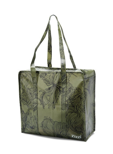 Shoppingsväska med dragkedja, Green Flower AOP, Packshot image number 1