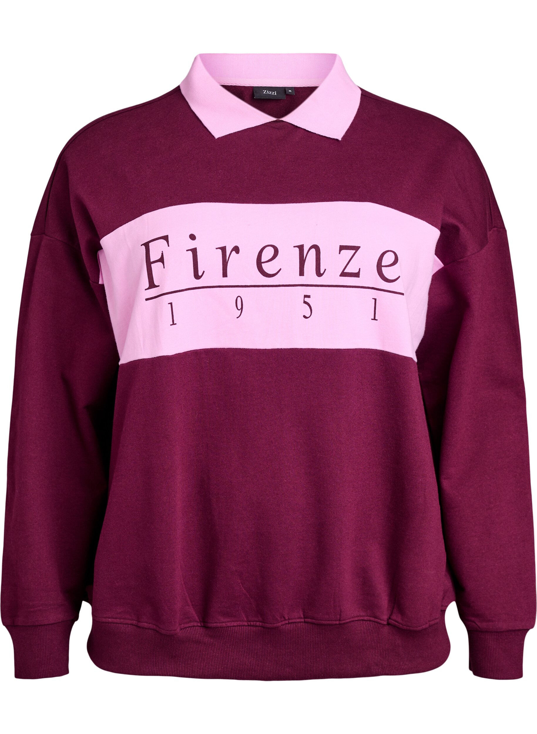 Zizzi Sweatshirt i ekologisk bomull med krage och kontrasttryck, M&ouml;rk Bordeaux, Packshot image number 0