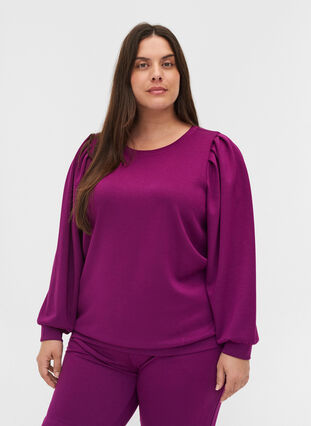 Tröja i sweatshirtmaterial med rund hals och ballongärmar, Dark Purple, Model image number 0