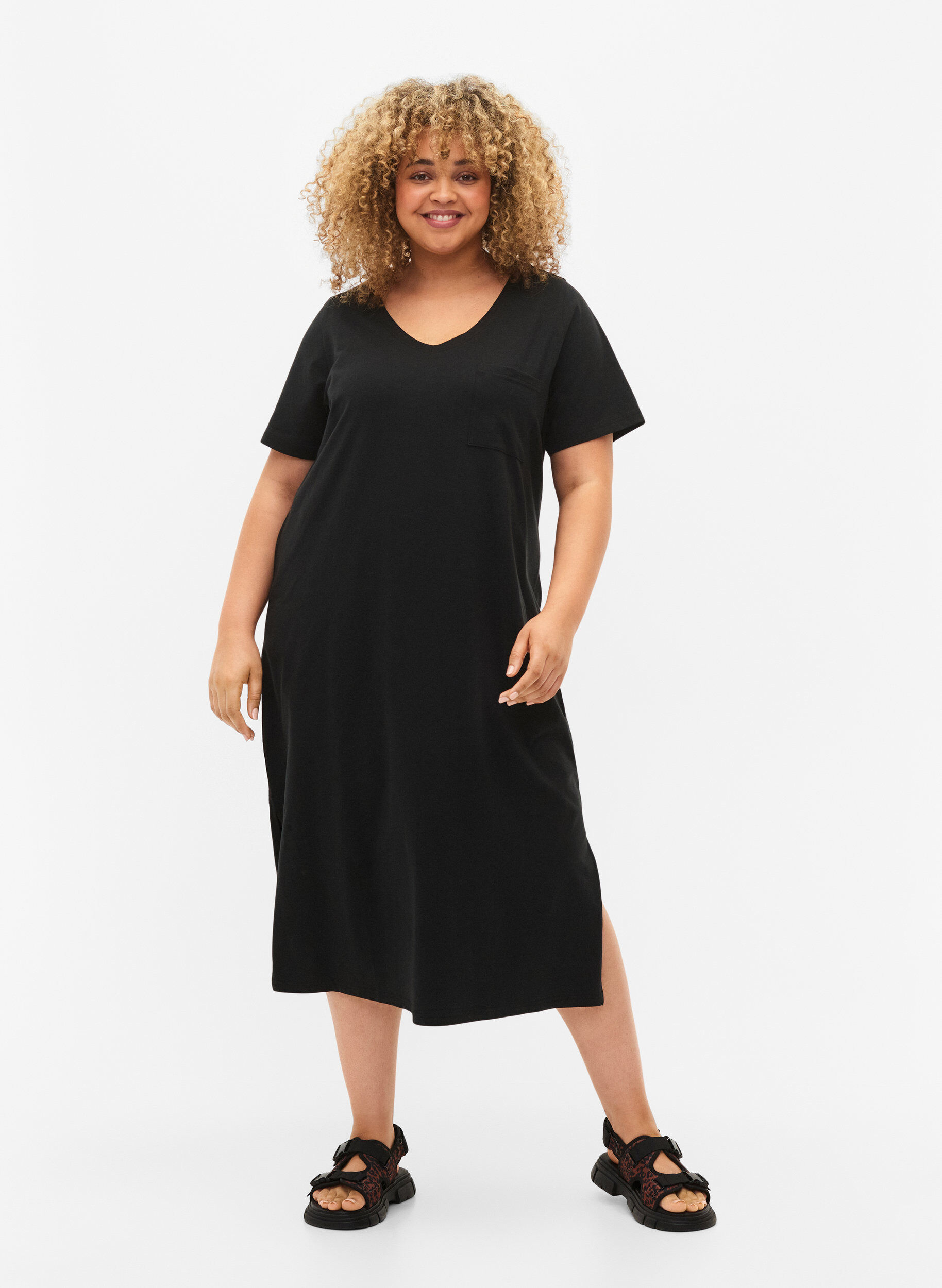ZizziKort&auml;rmad bomullskl&auml;nning med slits, Black, Model image number 0
