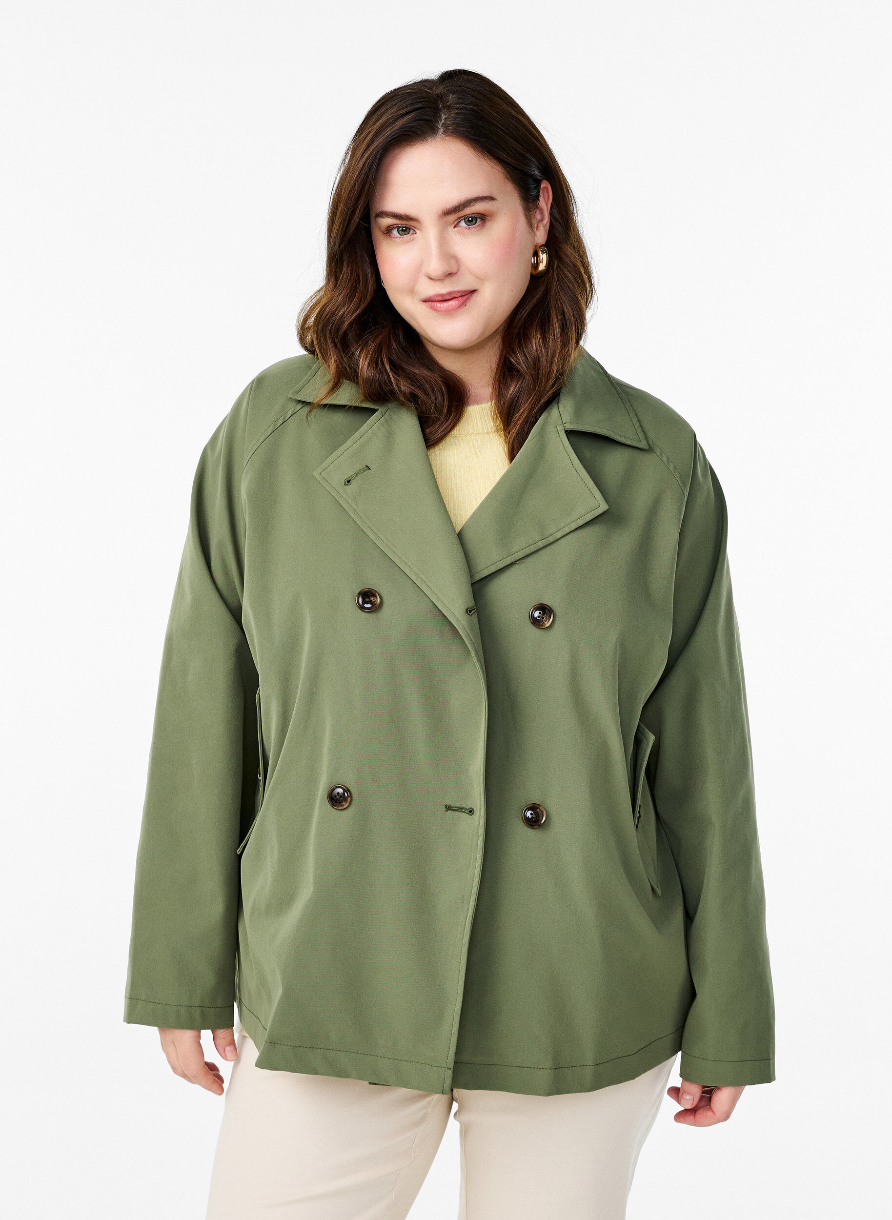 Kort trenchcoat med fickor, Gr&ouml;n, Model