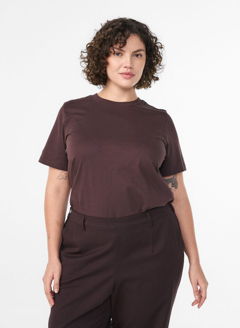 Enkel t-shirt i bomull med rund halsringning, Brun, Model image number 0