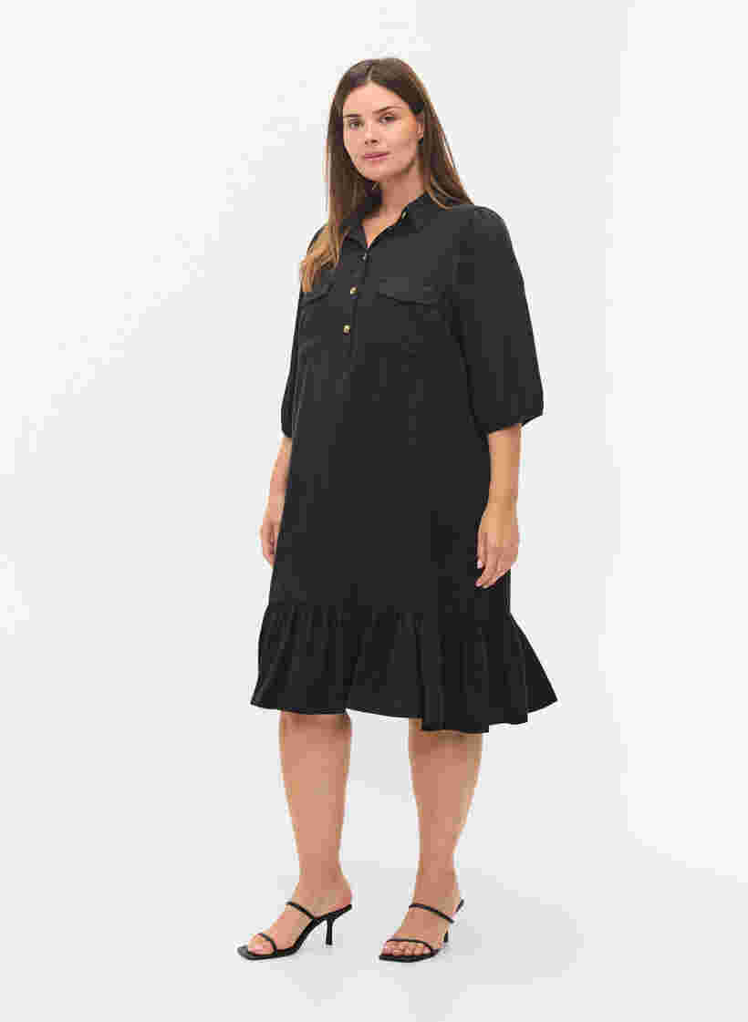 Klänning med volang och 3/4 ärmar, Black, Model image number 2