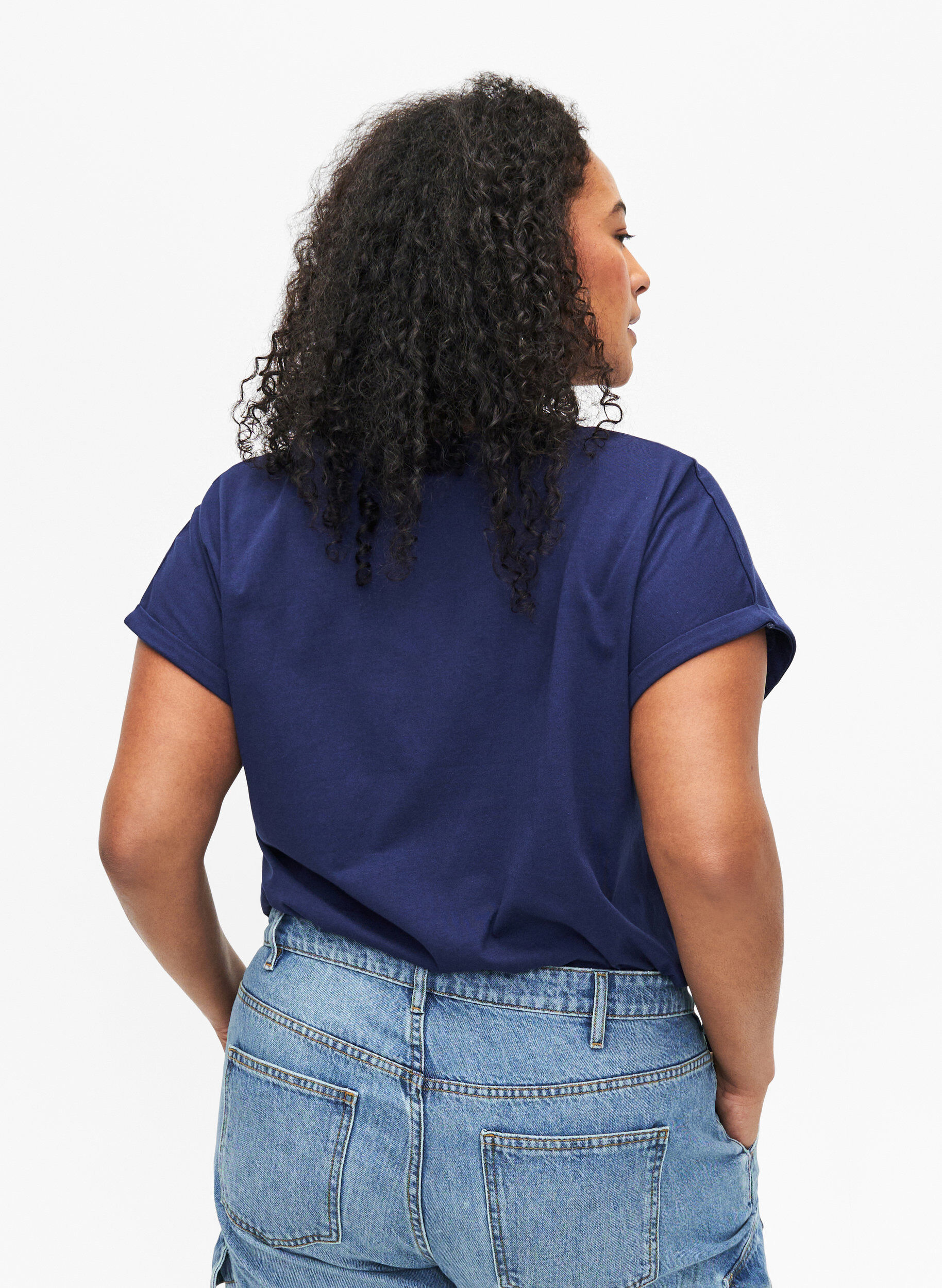 Zizzi T-shirt i ekologisk bomull med guldtryck, Med.Blue Gold Flower, Model image number 1