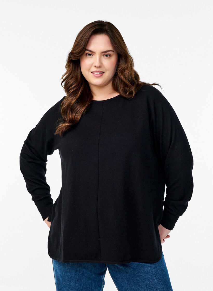 Stickad blus med rund halsringning och stickat m&ouml;nster, Svart, Model image number 0
