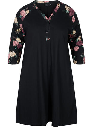 Pyjamasklänning i ekologisk bomull med mönster, Black AOP Flower, Packshot image number 0