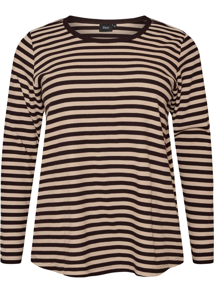 Randig blus med l&aring;nga &auml;rmar, Brun, Packshot image number 0