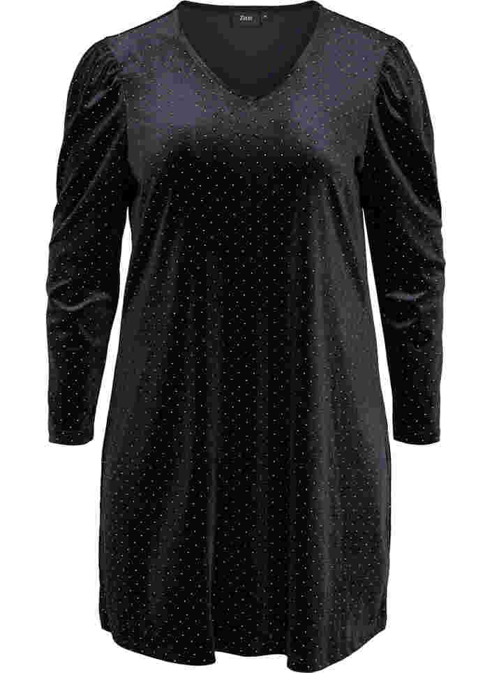 Långärmad velourklänning med dekorativa stenar, Black w. Gold, Packshot image number 0