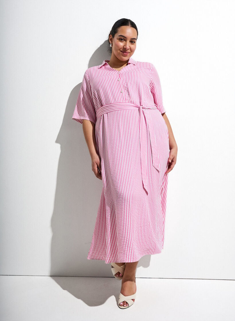 Ankell&aring;ng skjortkl&auml;nning med knytsk&auml;rp och r&auml;nder, Rosa, Image image number 0