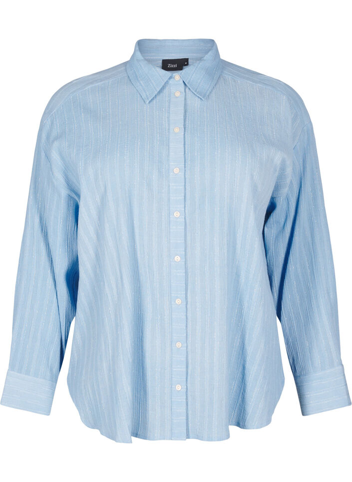 Lös skjorta med randig struktur och glittertråd, Blå, Packshot image number 0