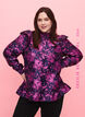 Blus i blommig jacquard med volangdetaljer, Dark Blue Pink, Model image number 0