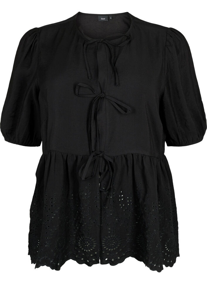 Viskosblus med broderi anglaise, Black, Packshot image number 0