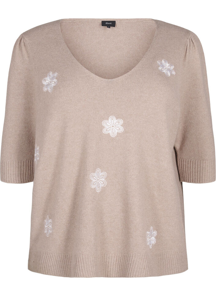 Stickad blus med broderade blommor, Simply Taupe Mel., Packshot image number 0