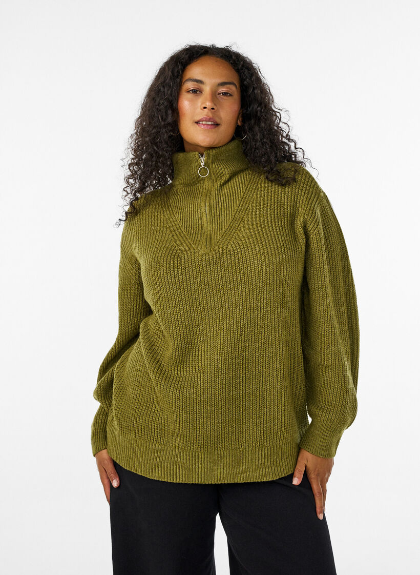Stickad tr&ouml;ja med h&ouml;g hals och dragkedja, Gr&ouml;n, Model image number 0