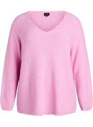Stickad blus med v-ringning och raglan&auml;rm, Rosa