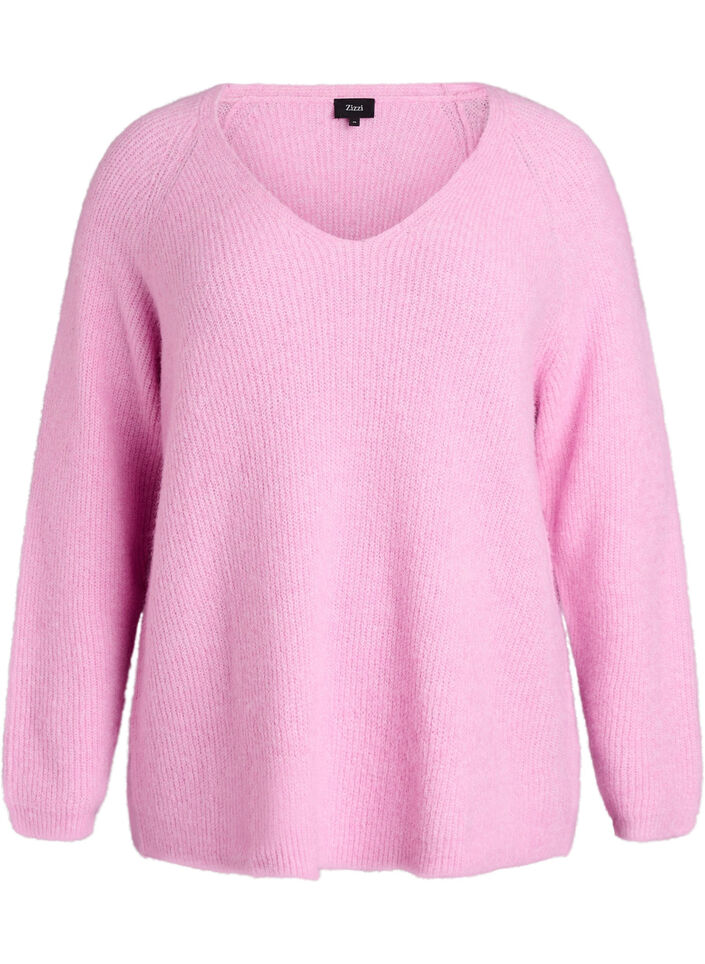 Stickad blus med v-ringning och raglan&auml;rm, Rosa, Packshot image number 0