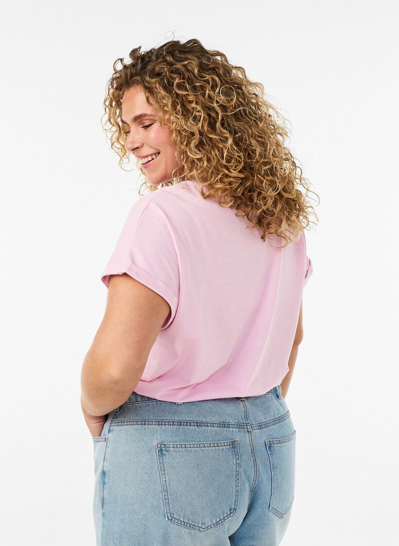 Kort&auml;rmad t-shirt i bomullsmix, Rosa, Model image number 2