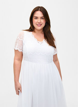 Festklänning med spets och empire-midja, Bright White, Model image number 2