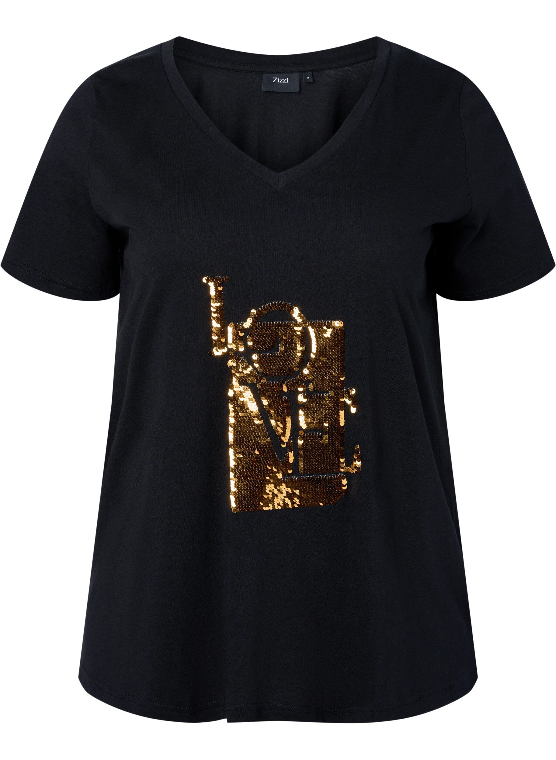 Zizzi T-shirt i bomull med paljetter, Black w. Love, Packshot image number 0