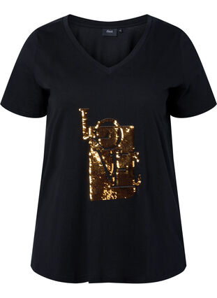 T-shirt i bomull med paljetter, Black w. Love, Packshot image number 0