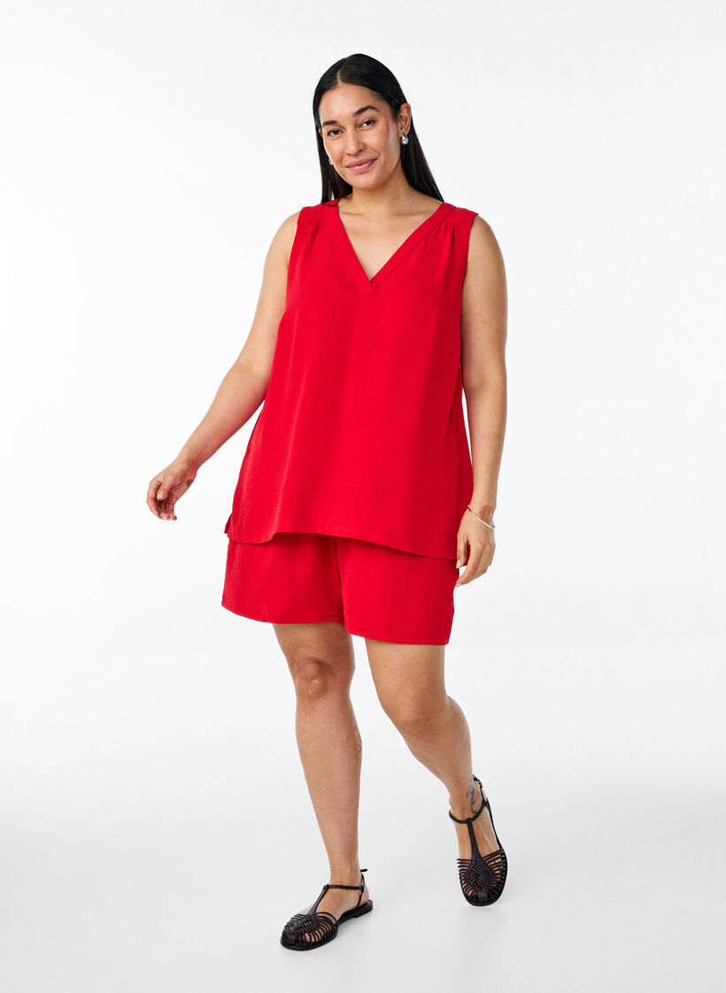 &Auml;rml&ouml;s topp med rynkdetaljer, R&ouml;d, Model image number 1