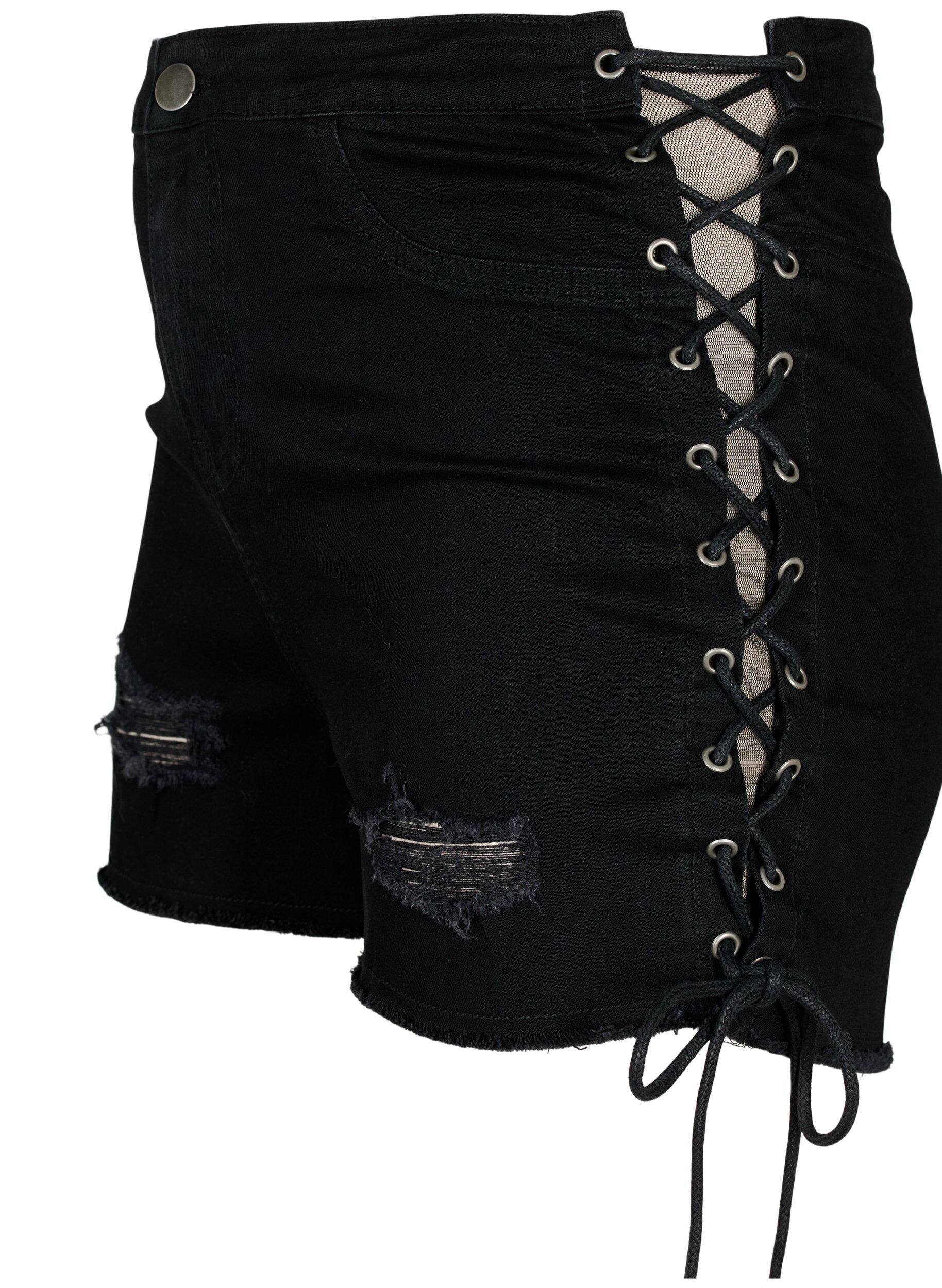 Zizzi Denimshorts med slitna detaljer och sn&ouml;rning, Black Denim, Packshot image number 2