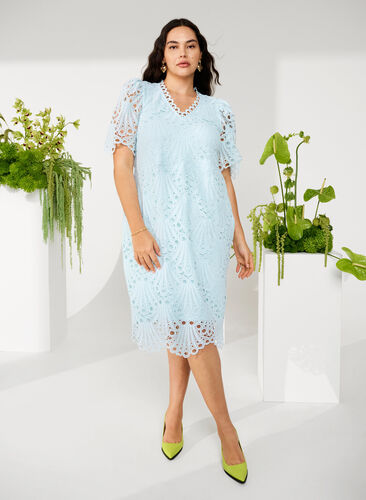 Virkad klänning med korta ärmar, Delicate Blue, Image image number 0