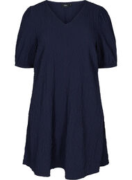 A-linjeformad klänning med struktur och puffärmar, Evening Blue