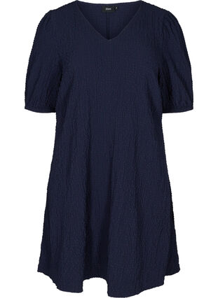 A-linjeformad klänning med struktur och puffärmar, Evening Blue, Packshot image number 0