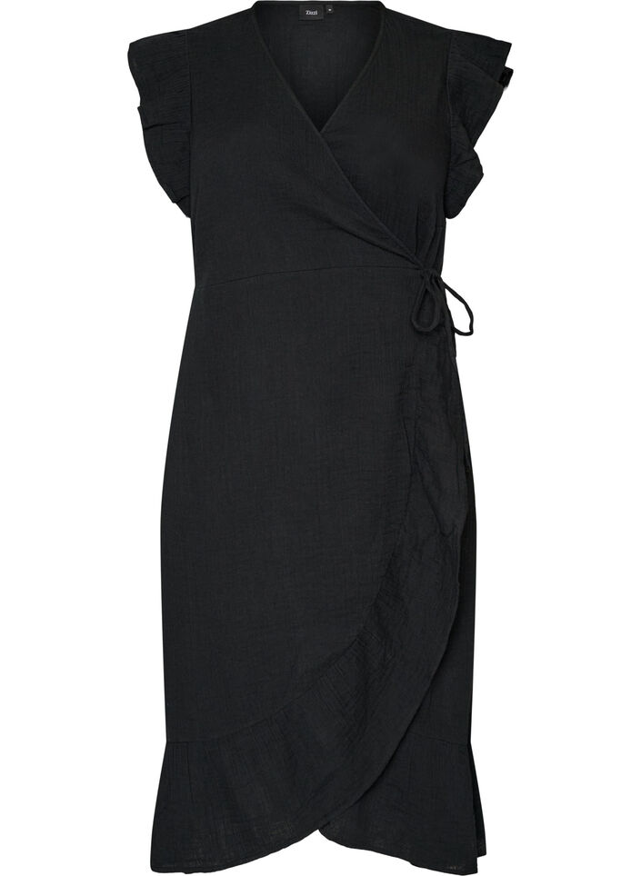 Omlottkl&auml;nning i bomullsmuslin med volanger, Svart, Packshot image number 0
