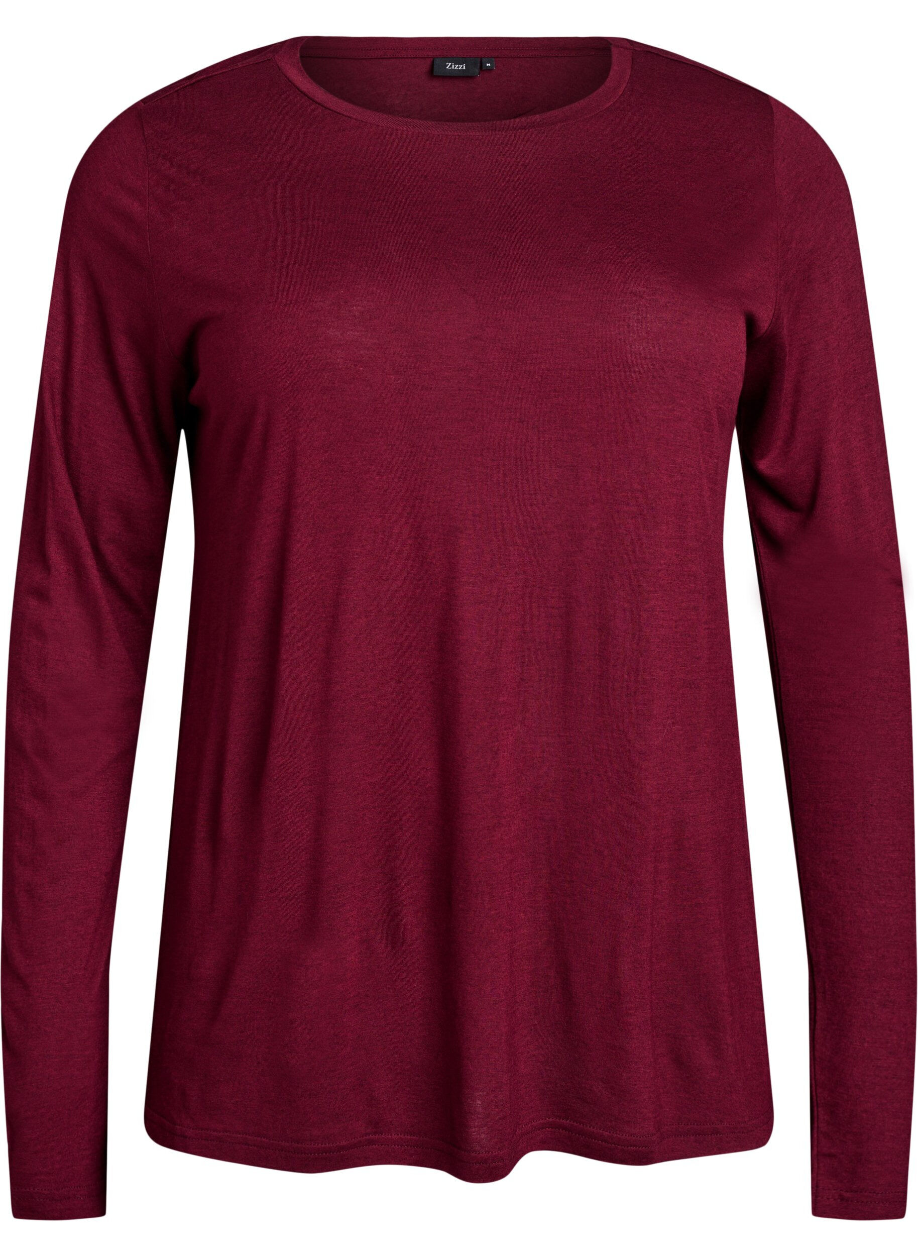 ZizziL&aring;ng&auml;rmad blus i ull och viskos, M&ouml;rk Bordeaux, Packshot image number 0