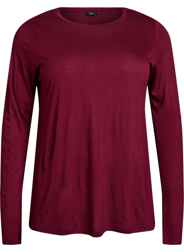 L&aring;ng&auml;rmad blus i ull och viskos, M&ouml;rk Bordeaux, Packshot image number 0