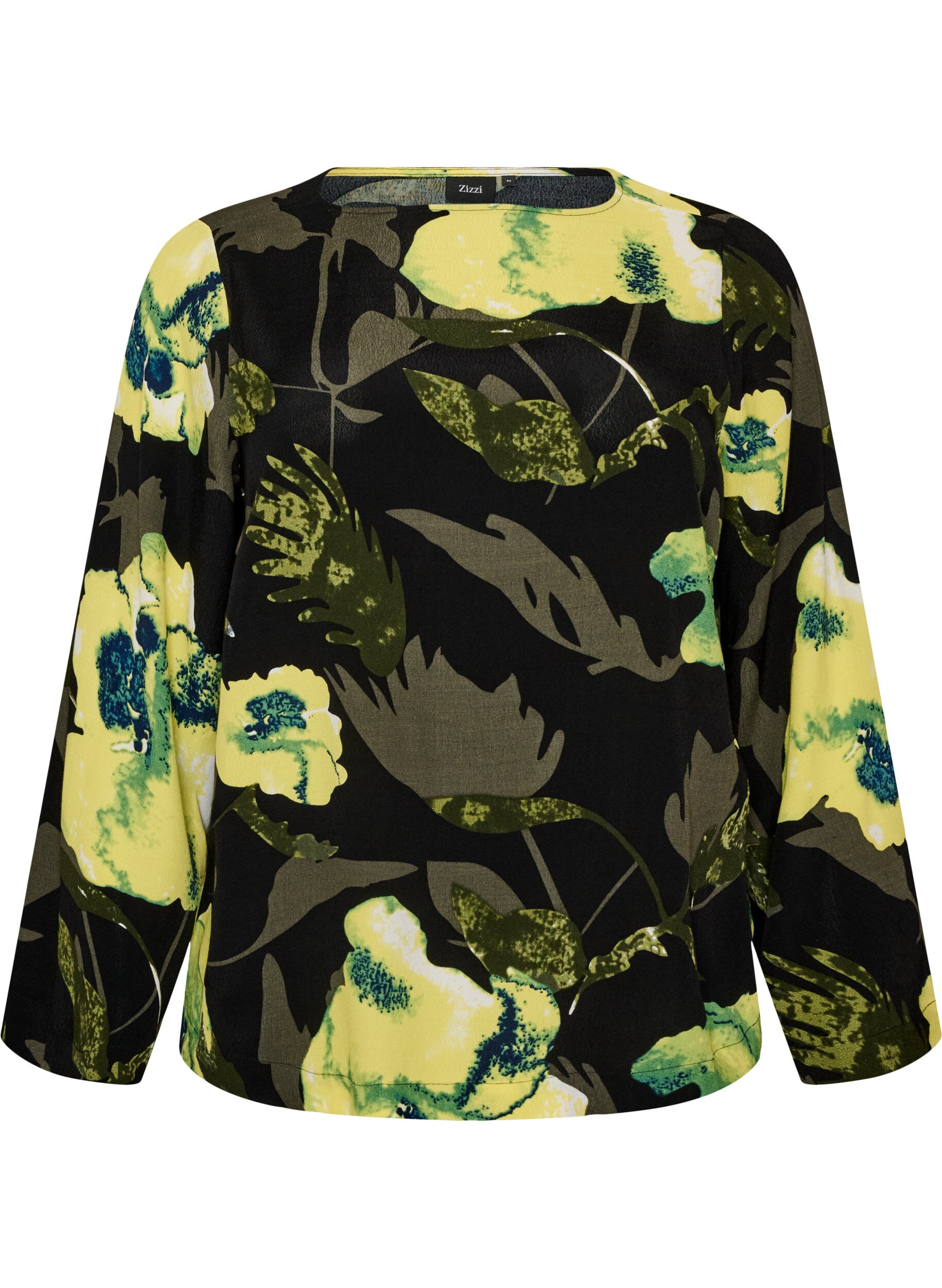 ZizziBlommig blus med b&aring;tringning och vida &auml;rmar, Svart, Packshot image number 0