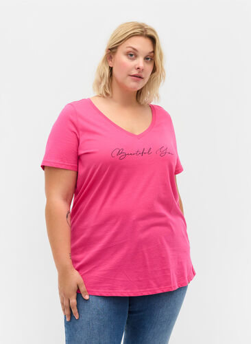 Kortärmad t-shirt i bomull med tryck, Magenta Beautiful, Model image number 0