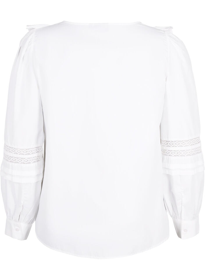 Blus med volanger och spets, Vit, Packshot image number 1