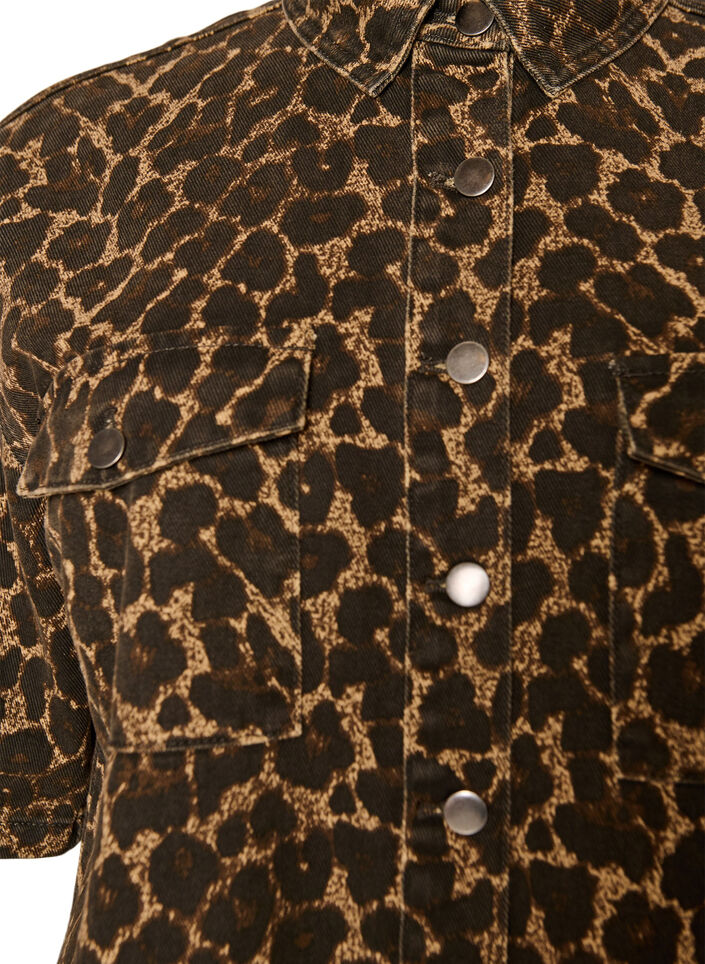 Denimskjorta med leopardm&ouml;nster och korta &auml;rmar, Brun, Packshot image number 2
