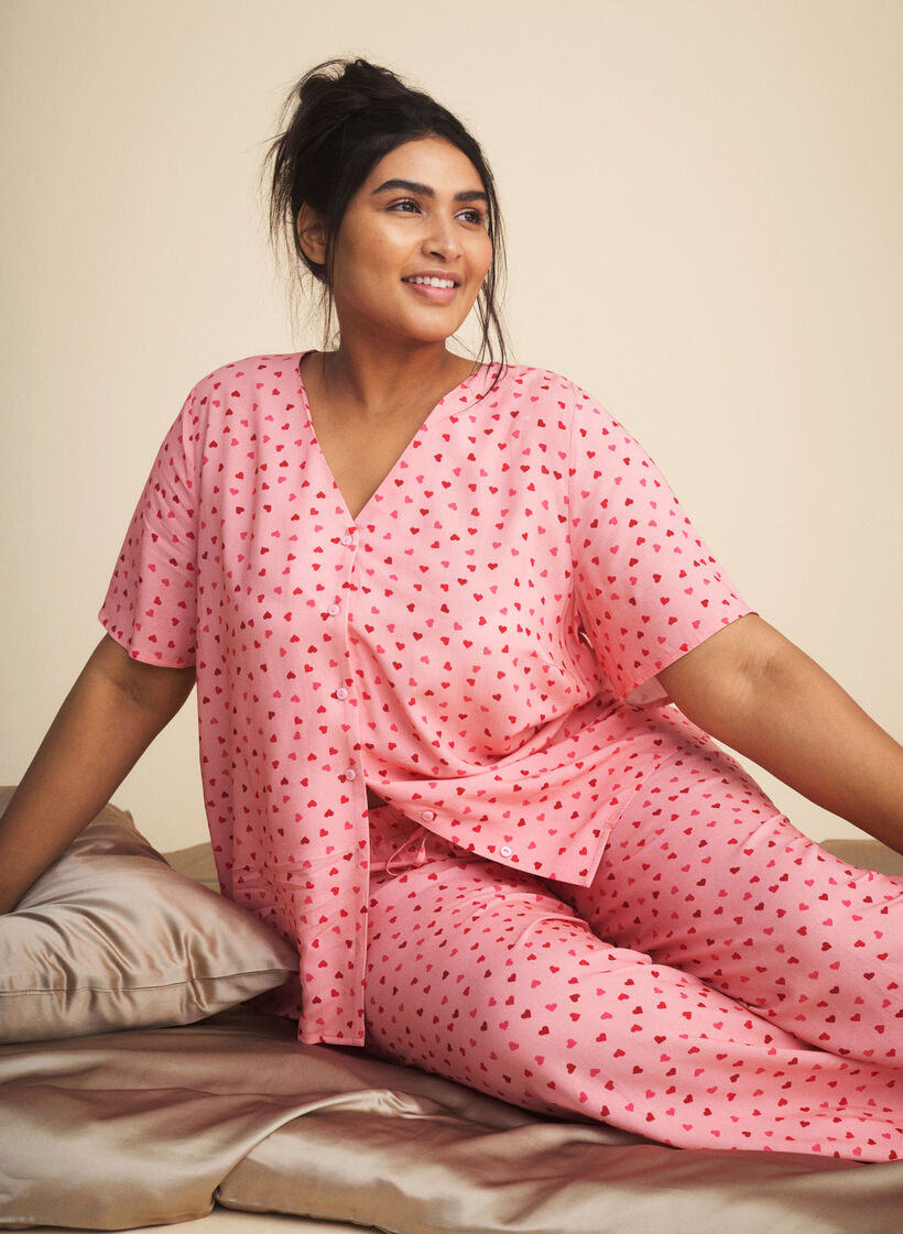 Mönstrad pyjamaströja i viskos, Pink Icing W. hearts, Image
