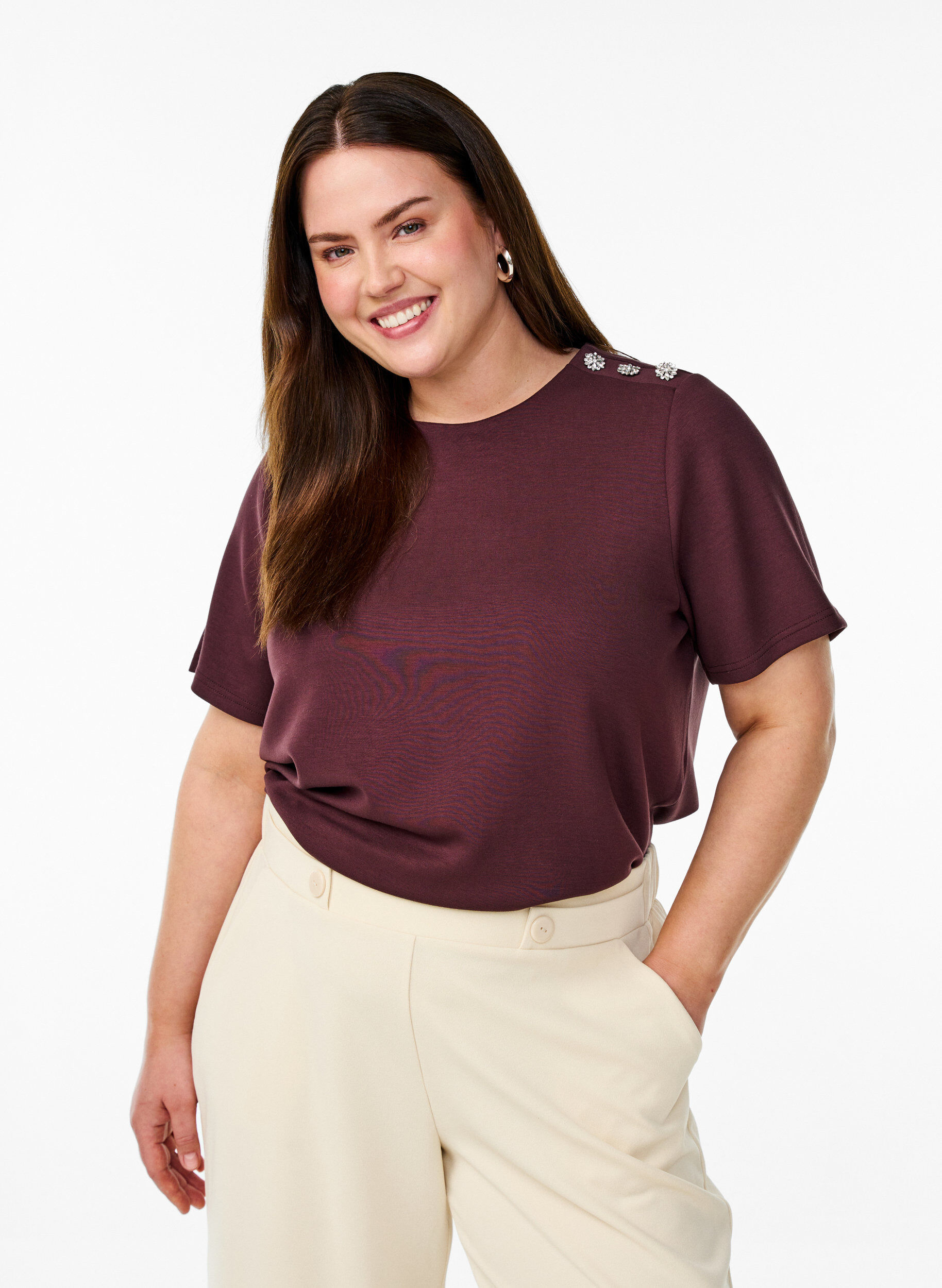 Kort&auml;rmad blus med knappdetalj, M&ouml;rk Bordeaux, Model