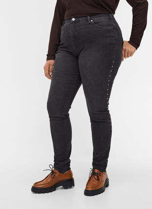 Högmidjade Amy jeans med nitar i sidosömmen, Dark Grey Denim, Model image number 2