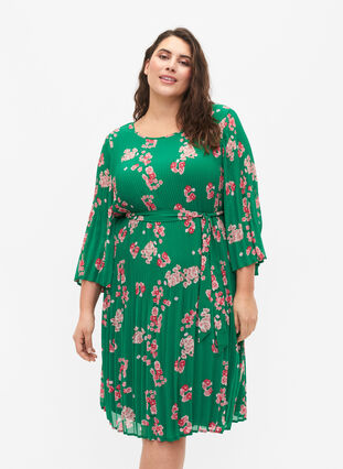 Plisserad klänning med mönster och knytband, Jolly Green Flower, Model image number 0