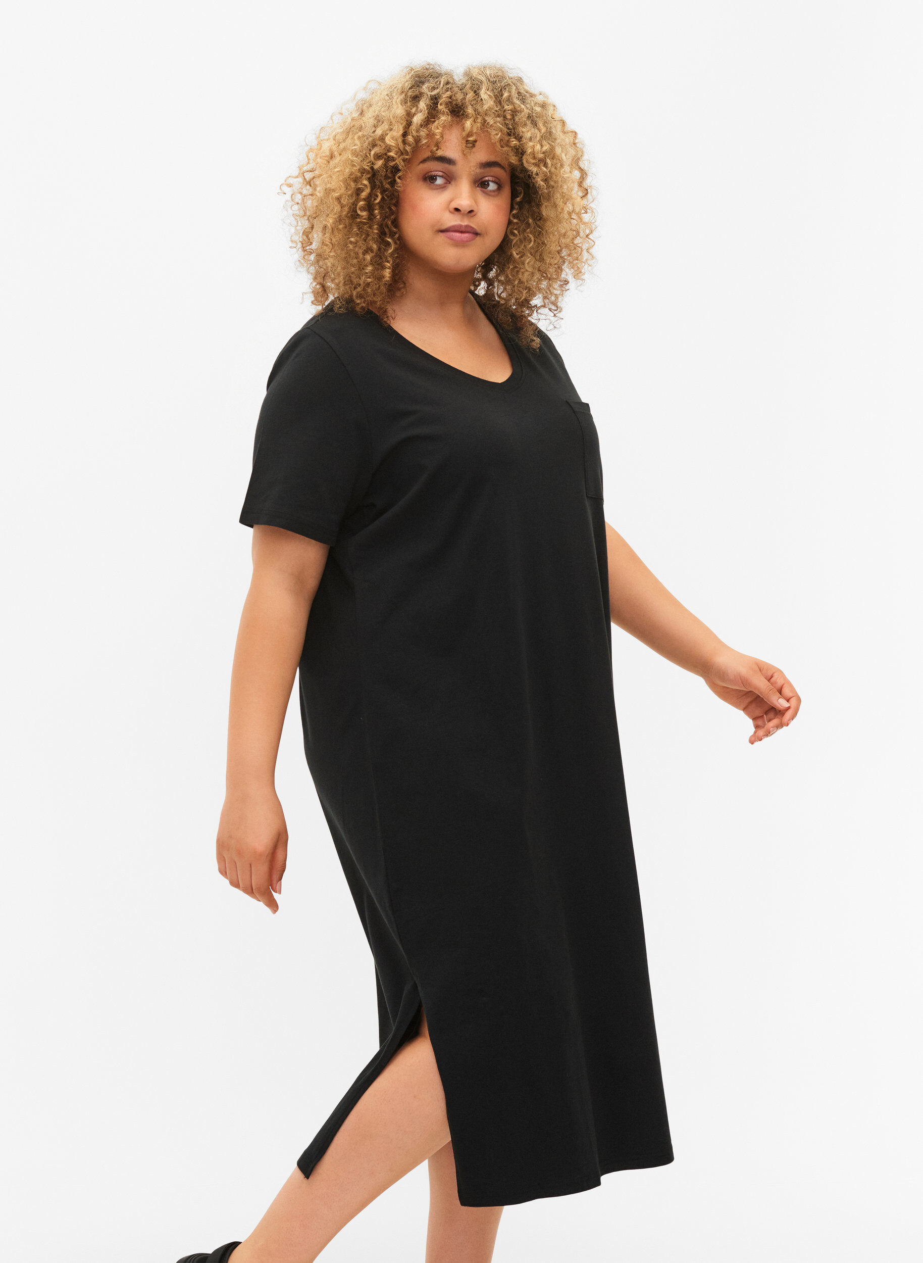 ZizziKort&auml;rmad bomullskl&auml;nning med slits, Black, Model image number 2