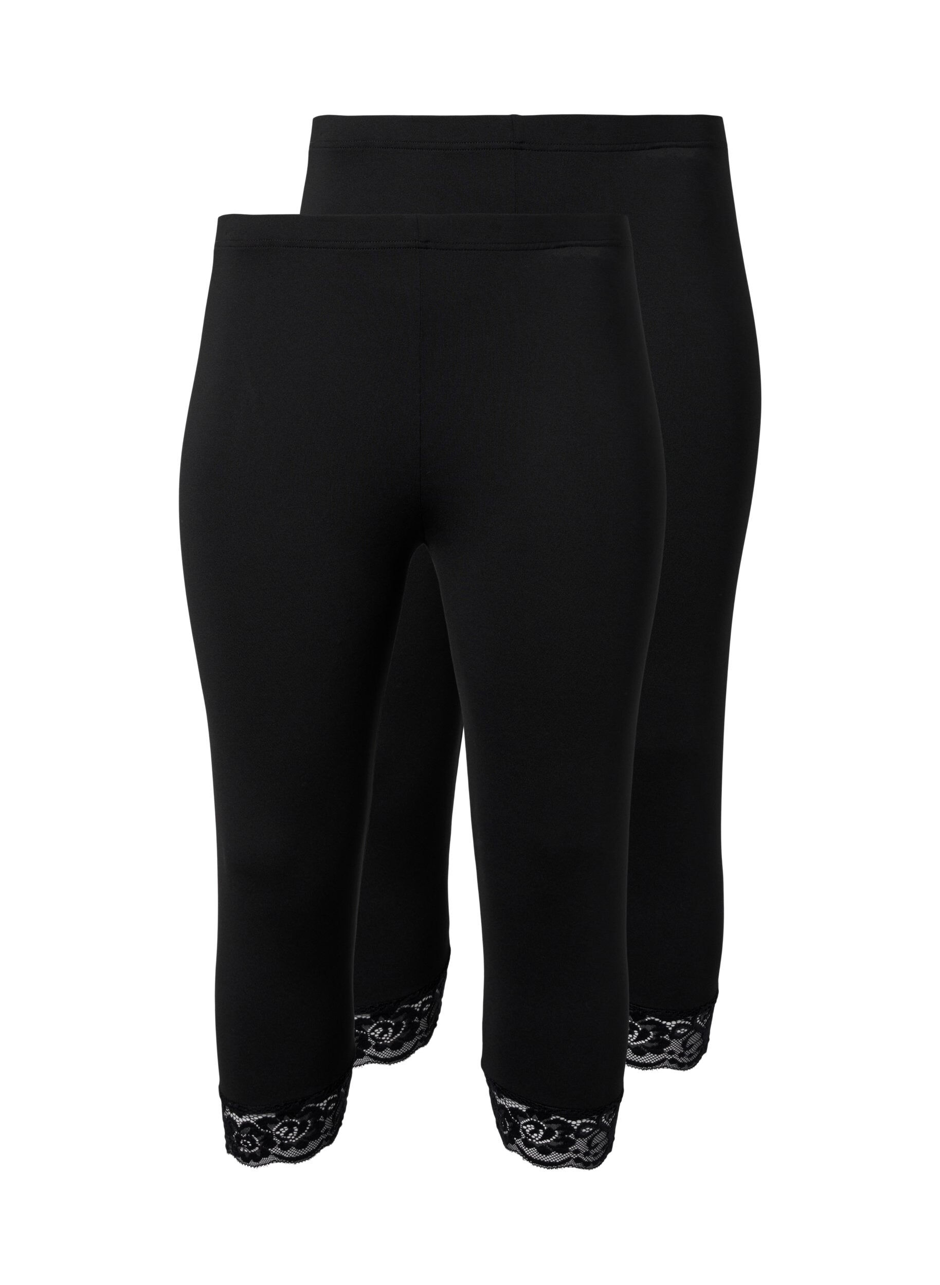 Zizzi 2-pack 3/4-leggings med spetskant, Black / Black, Packshot image number 0