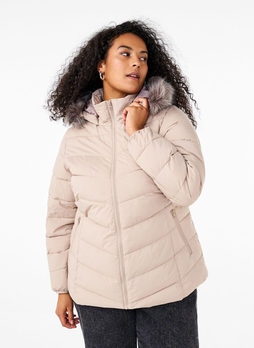 Kort pufferjacka med huva, Beige, Model image number 0
